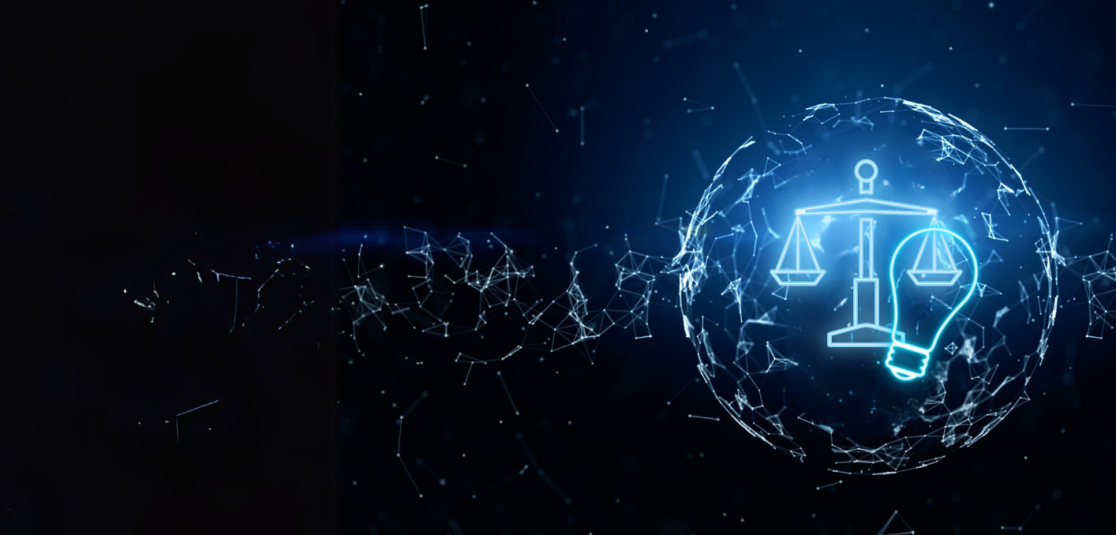 Experimentierklausel Icon Glühbirne und Recht vor virtuellem Hintergrund